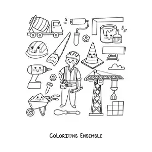 Coloriage d'un ouvrier et d'éléments de construction kawaii