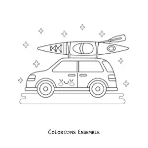 Coloriage d'une voiture kawaii en balade