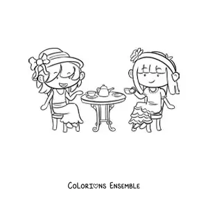 Coloriage de filles kawaii qui prennent le thé à une table
