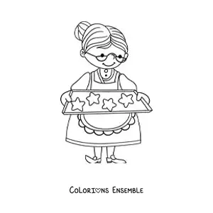 Image à colorier d'une grand-mère avec une plaque de biscuits en forme d'étoiles
