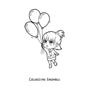Coloriage d'une fille kawaii qui s'envole avec des ballons