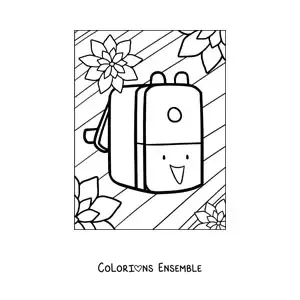 Coloriage d'un sac à dos d'école kawaii avec des fleurs