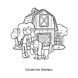 Coloriage d'une fermière avec un chien dans la ferme kawaii
