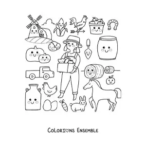 Coloriage d’une fermière et de petits objets kawaii animés