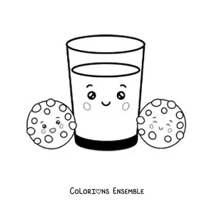 Image à colorier d'un verre de lait kawaii et de deux biscuits de chaque côté