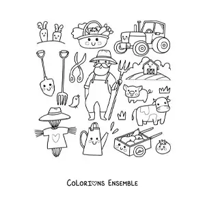 Coloriage d’un fermier et de petits objets kawaii animés