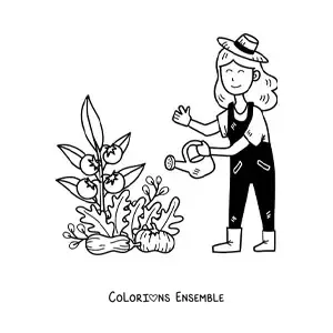 Coloriage d’une fermière kawaii qui arrose un plant de tomate