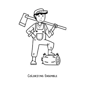 Coloriage d’un fermier kawaii qui coupe du bois de chauffage