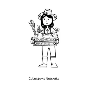 Coloriage d’une fermière kawaii avec des légumes récoltés dans une caisse