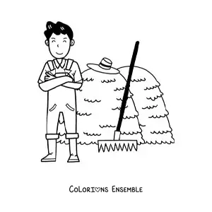 Coloriage d’un fermier kawaii avec un râteau à côté d’une botte de foin