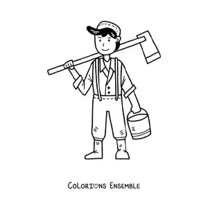Coloriage d’un petit fermier kawaii avec un seau et une pelle