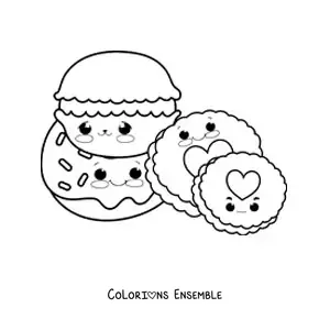 Image à colorier de deux biscuits kawaii fourrés et de deux autres avec un cœur au centre