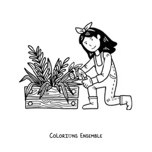 Coloriage d’une petite fermière kawaii en train de planter