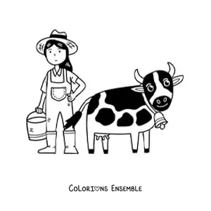 Coloriage d’une petite fermière kawaii qui trait une vache