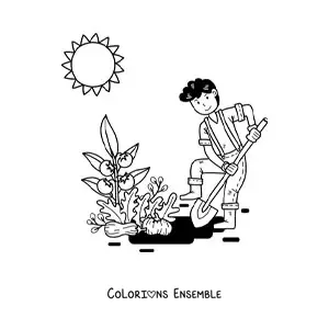 Coloriage d’un petit fermier kawaii qui plante des tomates sous le soleil