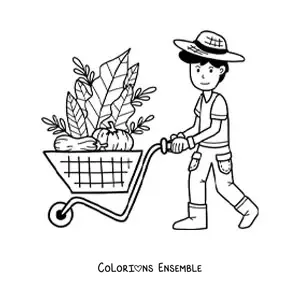 Coloriage d’un petit fermier kawaii qui tire une charrette remplie de légumes récoltés