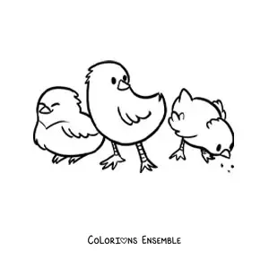 Coloriage de 3 poussins kawaii en train de manger