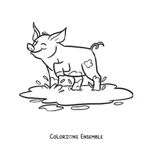 Coloriage d’un cochon kawaii qui joue dans la boue