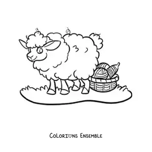 Coloriage d’un mouton kawaii à côté d’un panier de laine