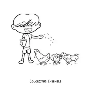 Coloriage d’un petit fermier kawaii qui nourrit les poussins