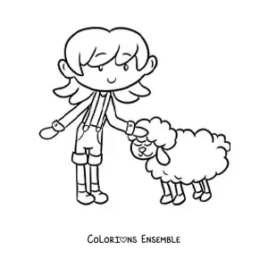 Coloriage d’une petite fermière kawaii qui caresse un mouton