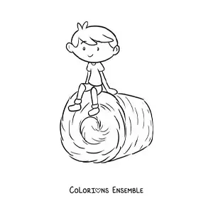 Coloriage d’un petit fermier kawaii assis sur une botte de foin