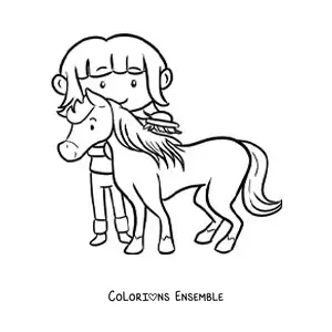 Coloriage d’une petite fermière kawaii qui brosse un poney