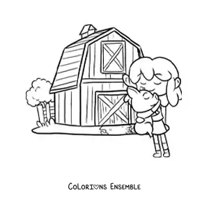 Coloriage d’une petite fermière kawaii avec un lapin à la ferme