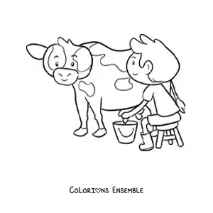 Coloriage d’un petit fermier kawaii qui trait une vache