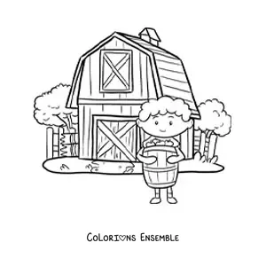 Coloriage d’un petit fermier kawaii avec un tonneau à la ferme