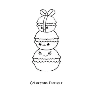 Image à colorier de trois macarons kawaii empilés les uns sur les autres avec un nœud