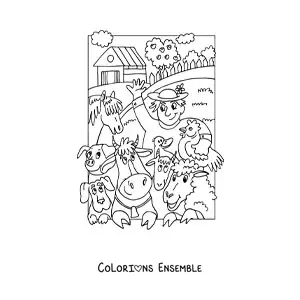 Coloriage d’un fermier et de ses animaux animés