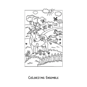 Coloriage de vaches animées qui broutent à la ferme