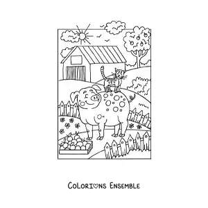 Coloriage d’un cochon animé et d’un chat à la ferme