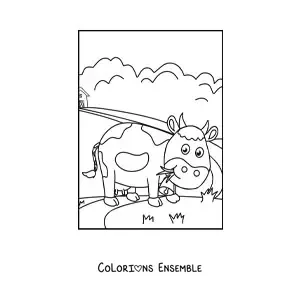 Coloriage d’une vache animée en train de brouter