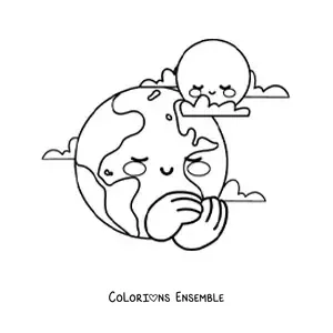 Coloriage de la planète Terre kawaii animée avec la Lune
