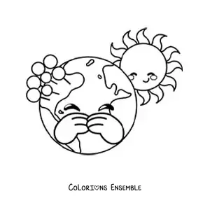 Coloriage de la planète Terre kawaii animée avec le Soleil
