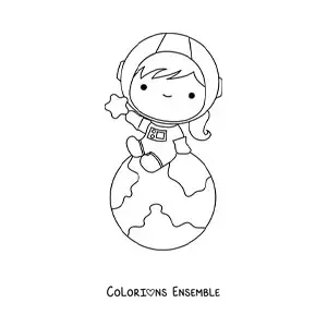 Coloriage d’une petite astronaute kawaii assise sur la planète Terre