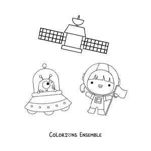 Coloriage d’une petite astronaute kawaii avec un extraterrestre et un satellite
