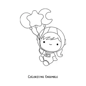 Coloriage d’une petite astronaute kawaii qui flotte avec des ballons en forme d’étoiles