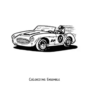 Image à colorier d’une voiture de course portant le numéro 17, avec son pilote lancé à toute vitesse