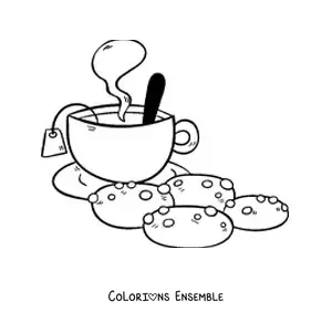Image à colorier d'une tasse de thé fumante avec des biscuits