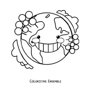 Coloriage de la planète Terre kawaii animée avec des arbres et son atmosphère