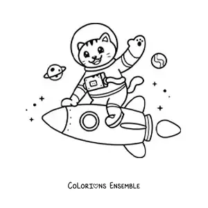 Coloriage d’un chat astronaute kawaii animé dans une fusée dans l’espace