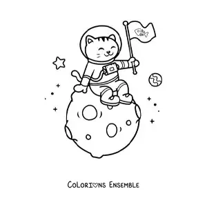 Coloriage d’un chat astronaute kawaii animé sur la Lune