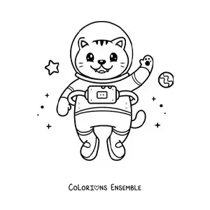 Coloriage d’un chat astronaute kawaii animé dans l’espace