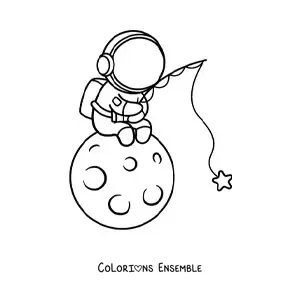 Coloriage d’un astronaute kawaii assis sur la Lune qui pêche des étoiles