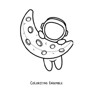 Coloriage d’un astronaute kawaii suspendu à la Lune