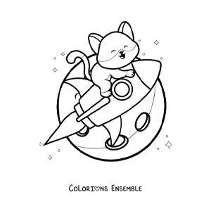 Coloriage d’un chat kawaii animé dans une fusée dans l’espace