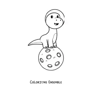 Coloriage d’un dinosaure kawaii animé sur la Lune